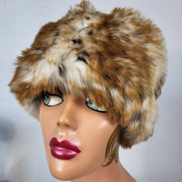 NWT~PAMELA MCCOY~BROWN BLACK FAUX FOX MINK FUR ANIMAL PRINT STOLE SCARF WRAP HAT - Picture 2 of 16